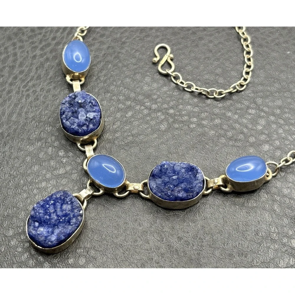 Ethnic Boho Style Silver Tone Faux Chalcedony Statement Necklace Pendant Drop
